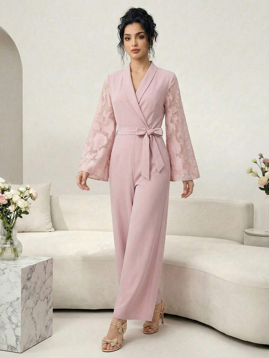 Modelyn Combinaison à manches longues avec taille cintrée, motif floral patchwork couleur unie, pour un port quotidien - Rose bonbon - Voir 1