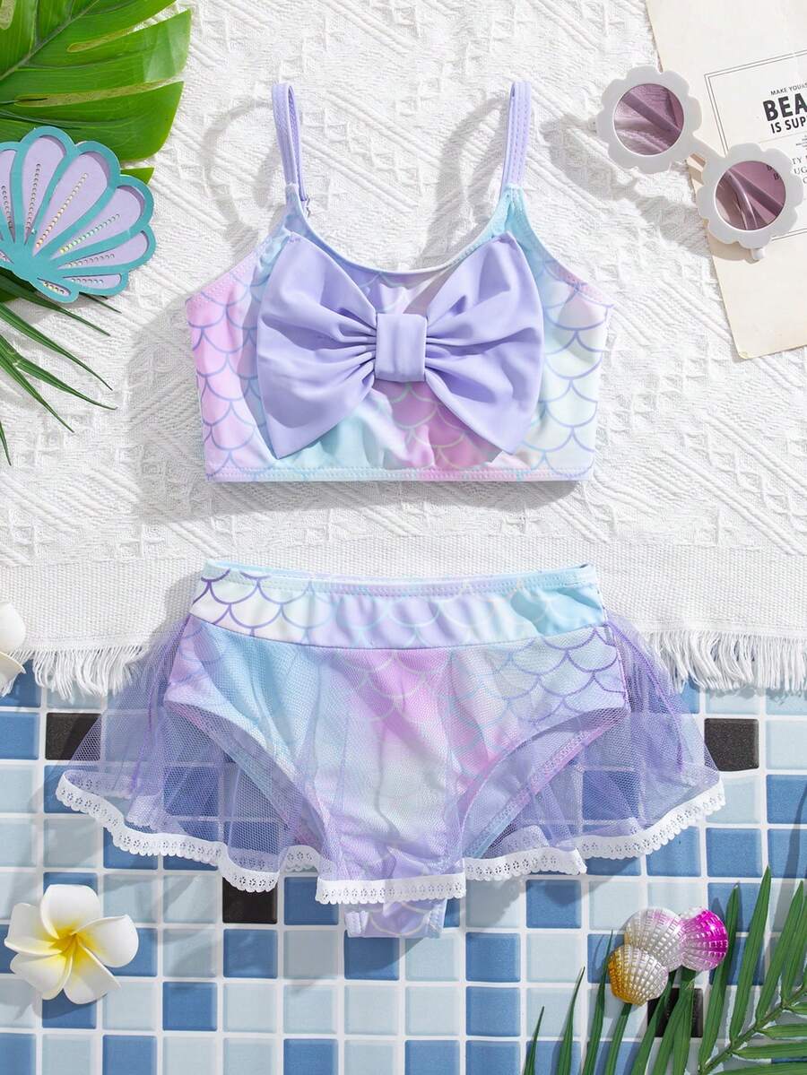 SHEIN 少女紫色美人鱼鳞片印花比基尼套装,配薄纱裙,时尚休闲优雅泳装,适合游泳、海滩、夏季穿着。 - 淡紫色 - 查看 1