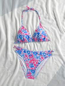 SHEIN 少女印花挂脖系带比基尼和三角泳裤两件套泳衣，适合夏季度假 - 彩色 - 查看 3