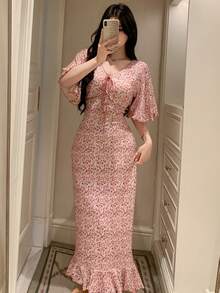 DAZY 小碎花對比飾邊荷葉袖修身女款睡裙 夏季睡衣 - 紅色 - 查看 3