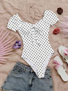Soleia Body con estampado de lunares, fruncido en el torso y detalle de nudo delantero - Blanco - Ver 7