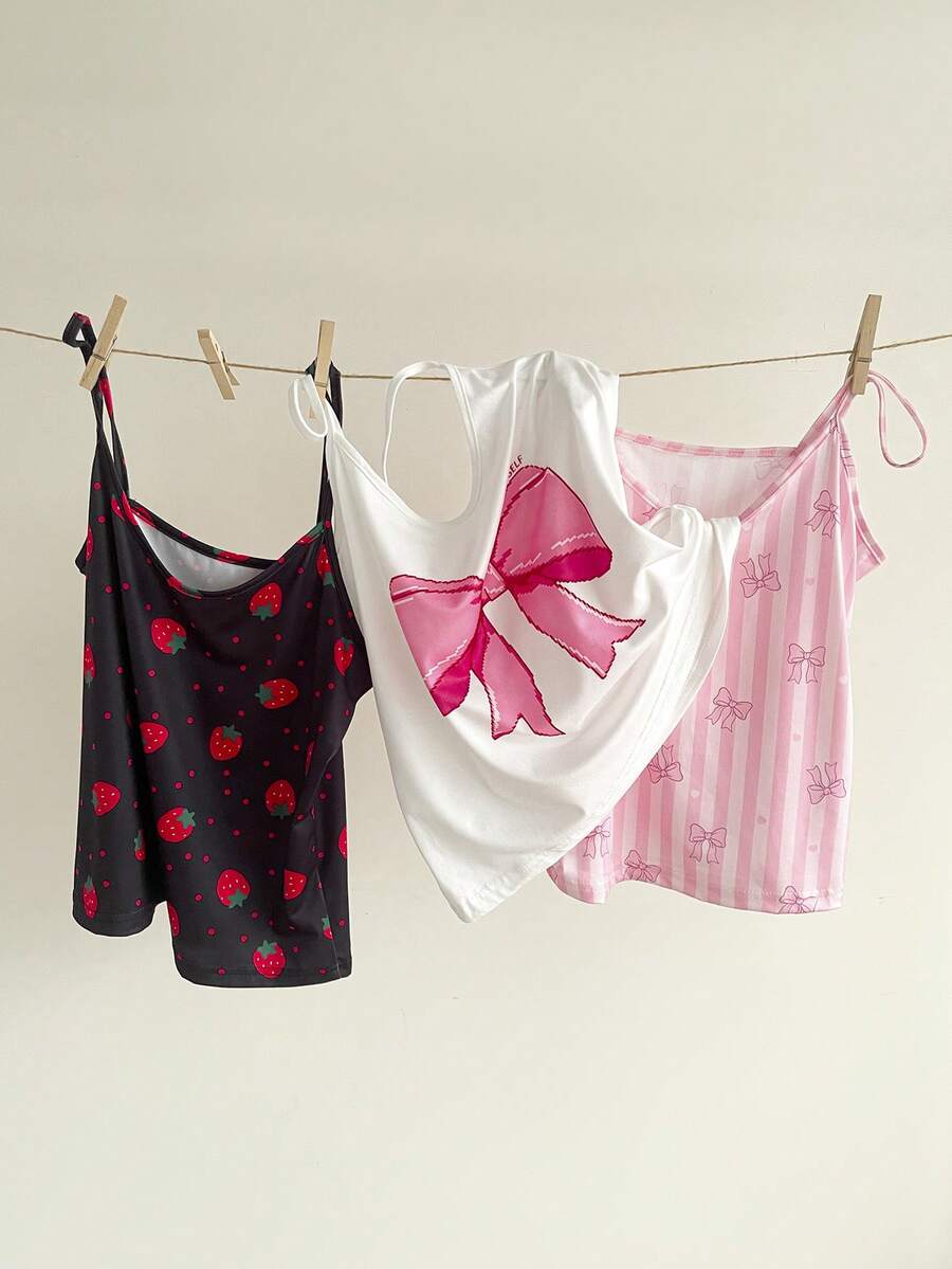 SweetSlumber Women's Sweet Cute Bow Strawberry Striped Print 3 PiecesCamisole Pajama Set - Multicolor - View 1