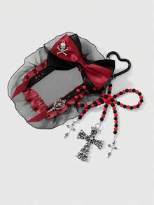 ROMWE Goth 1個Y2K復古個性化黑紅配色珠飾磨砂蝴蝶結骷髏十字架魔鏡閃亮愛心水鑽網格卡套DIY鑰匙圈包包吊飾 - 黑紅 - 查看 5