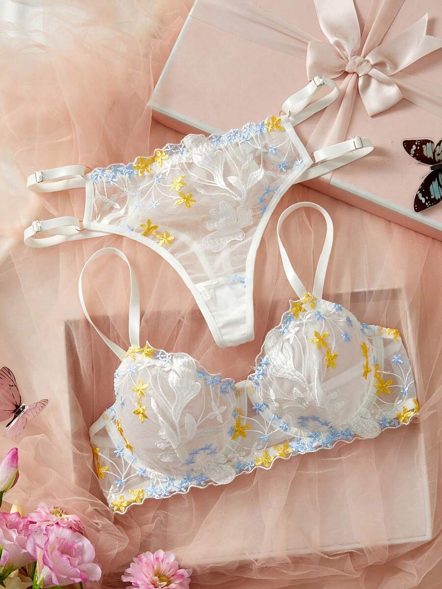 2 pièces Ensemble de soutien-gorge en maille brodée bleue et jaune romantique française avec armature - Multicolore - Voir 1