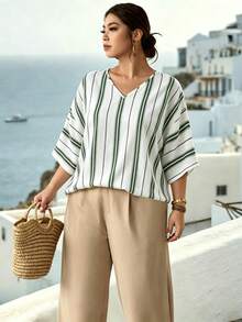 Parysyn Plus Size Woven Summer Ladies' Striped Shirt For Vacation - Green - View 1
