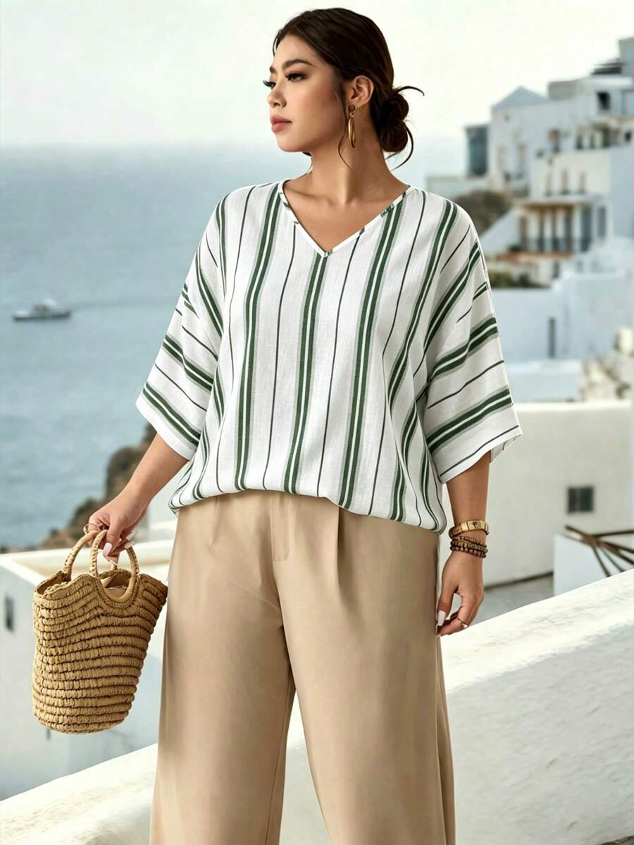 Parysyn Plus Size Woven Summer Ladies' Striped Shirt For Vacation - Green - View 1