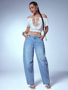 Denimoi Women's Solid Color Cutout Front Lace-Up Off-Shoulder Sexy Top - White - View 4