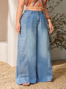 Breezaya Denim Lavados Retalhos Plus Size Feminino Primavera/Verão Férias - Lavagem Média - Visão 4
