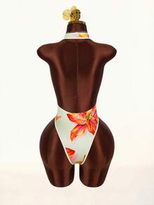 Women's Sexy Floral Print Deep V-Neck Halter Backless Bodysuit, Summer Vacation - Yellow - View 10