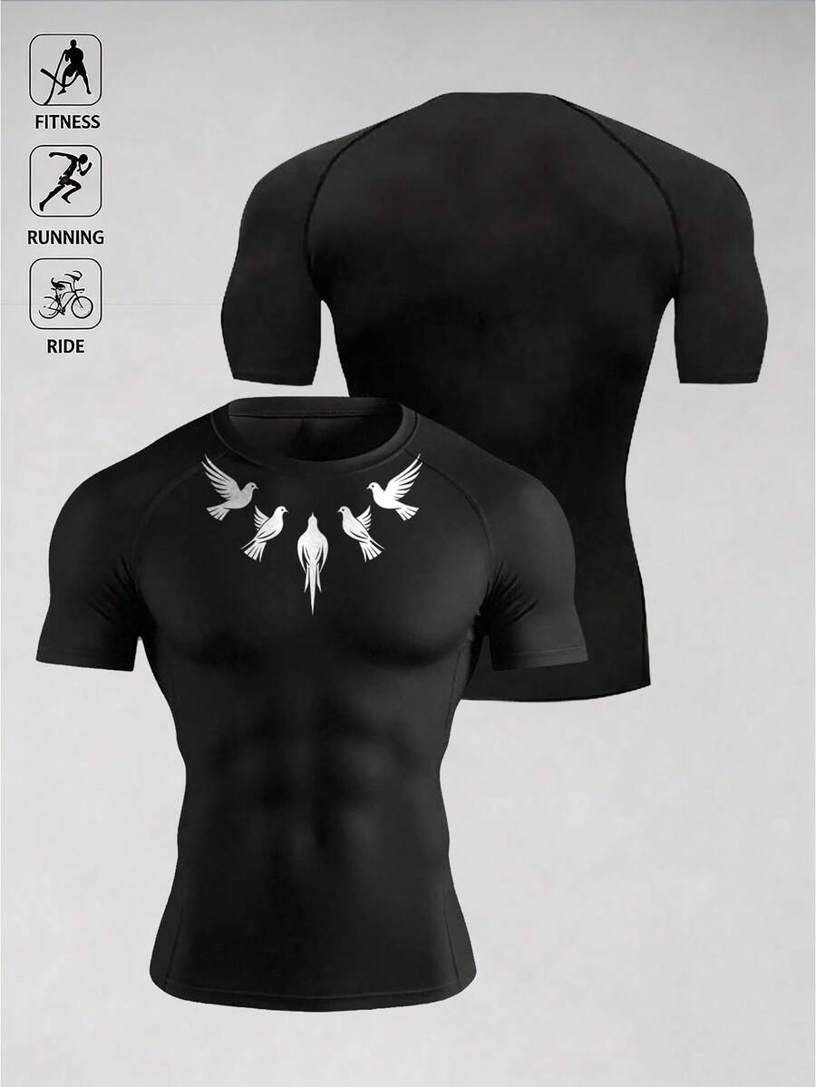 Acti Log Camiseta deportiva de manga corta con cuello redondo y estampado de paloma negra para hombre, gimnasio - Negro - Ver 1