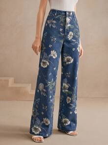 Quần jeans denim xanh dương cạp cao ống rộng dáng suông in họa tiết toàn thân, thích hợp cho mùa xuân/hè dành cho nữ. - Màu xanh lam - Xem 6