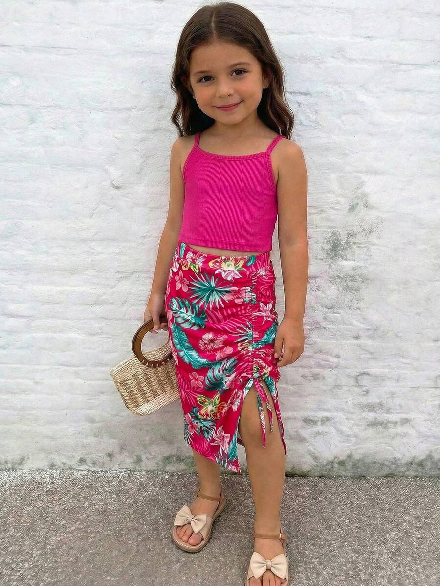 Emery Rose Kids Emery Rose Kids 女童两件套:纯色针织吊带背心和开衩裙 - 彩色 - 查看 1