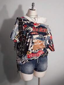 SHEIN ICON 大码夏季时尚不对称领口T恤，饰有图案和字母印花 - 彩色 - 查看 4