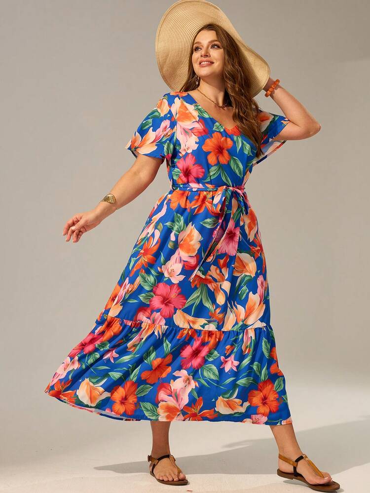 Plus Size Summer Vacation Beach Floral Print Ruffle Hem Dress