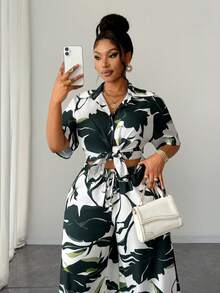 Maweii Plus Size Women Tropical Plant Print Short Sleeve Shirt And Pants Casual Suit - Apricot - View 6
