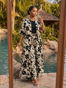 SHEIN Lady CURVE Bộ áo choàng và quần dài in hoa dành cho nữ cỡ lớn, kiểu dáng thường ngày, gồm 2 món. - Nhiều màu - Xem 4
