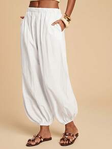 Travachic Pantalones casuales de mujer de unicolor, de ajuste holgado, con cordón y bolsillos laterales - Blanco - Ver 5