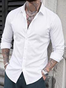 100%Cotton Men's Solid Color Dress Shirt - White - View 1