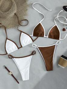 Swim Chiccia Women's Spring Summer Beach Party Music Festival Necklace-Back Sexy Fashion Elegant Bikini 4-Piece Set Brown All White - Multicolor - View 1
