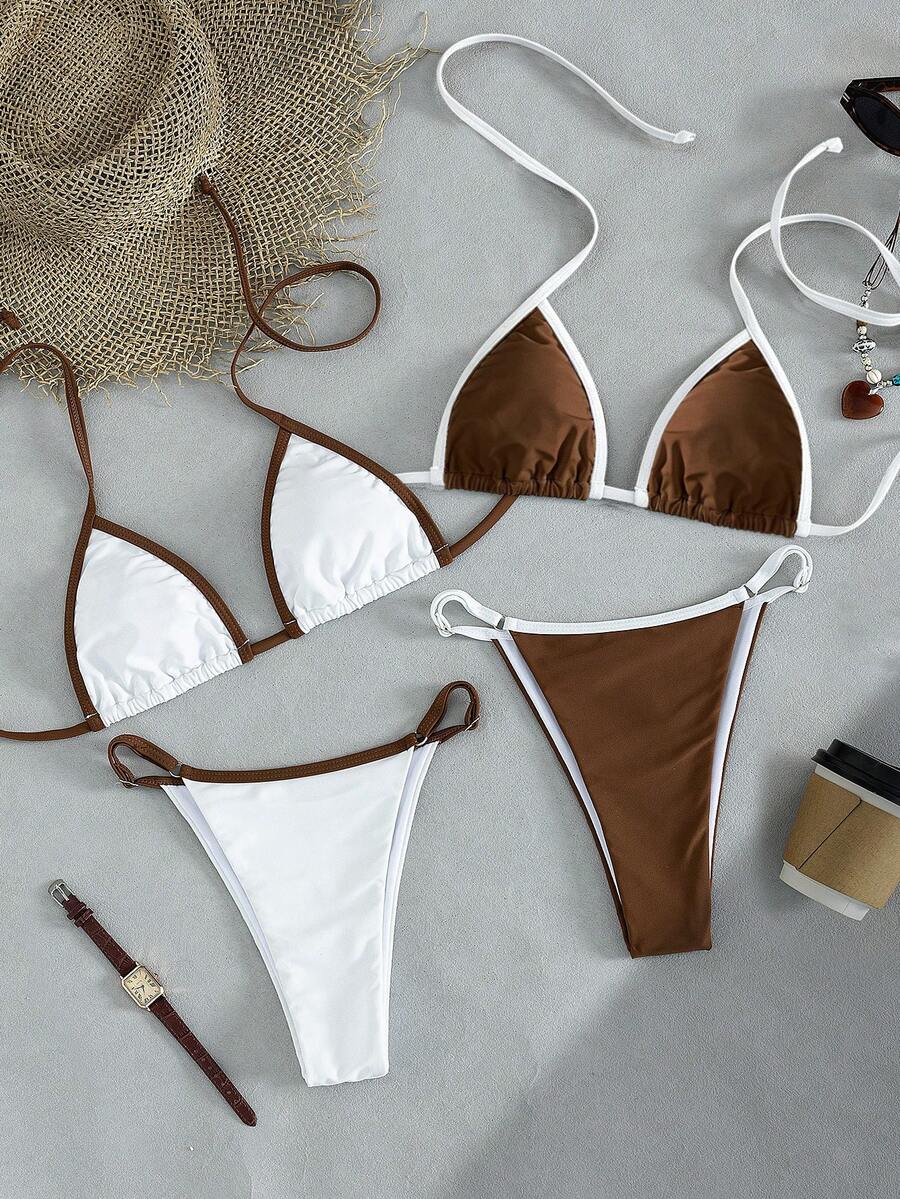 Swim Chiccia Women's Spring Summer Beach Party Music Festival Necklace-Back Sexy Fashion Elegant Bikini 4-Piece Set Brown All White - Multicolor - View 1