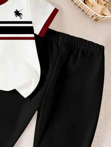 Souflis Souflis 1 Set Pakaian Bayi Laki-laki Kasual Minimalis Motif Kuda Poni Garis-garis Blok Warna Kerah Bulat Lengan Pendek dan Celana Panjang yang Serasi, Cocok untuk Musim Semi hingga Musim Panas - MultiWarna - View 4
