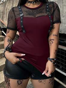 Flirla Plus Size Punk Eyelet Patchwork Short Sleeve T-Shirt, Spring/Summer Club Black Traditional - Burgundy - View 5