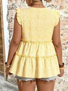 EMERY ROSE Plus Size Woven Floral V-Neck Flutter Sleeve Ruffle Trim Elegant Blouse, Suitable For Vacation, Outdoor, Daily Wear, Spring/Summer - Yellow - View 2