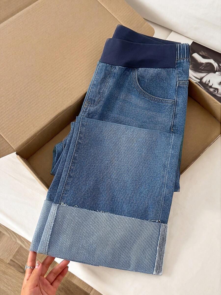 SHEIN 孕妇休闲水洗撞色腰部直筒牛仔裤 夏季嘉年华服装 通勤 度假 毕业典礼 时尚 Y2K 可爱街头风 妩媚派对 婚礼 优雅 商务休闲 女性 商务 海滩 毕业典礼 蓝色孕妇阔腿牛仔裤,带可调节拼接和时尚卷边裤脚,专为准妈妈设计 - 藍色 - 查看 1