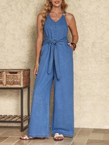 EMERY ROSE Bộ jumpsuit denim ống rộng có túi, thắt eo dành cho nữ - Màu xanh lam - Xem 3