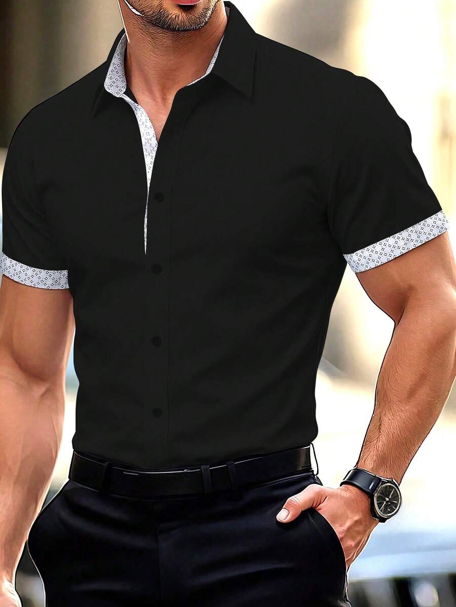 Manfinity Mode Men's Summer Casual Patchwork Geometric Print Button-Up Short Sleeve Formal Shirt, Ceremony - Black - View 1
