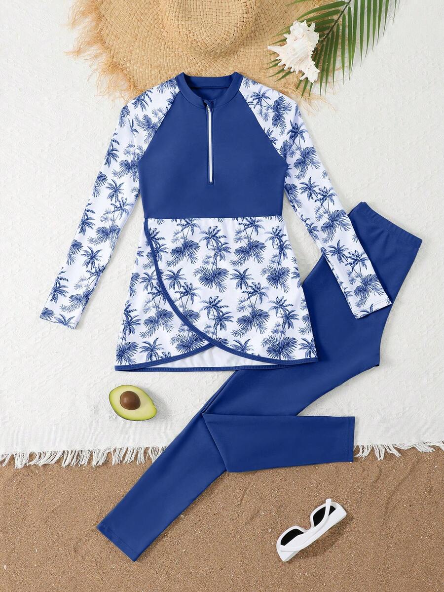 SHEIN Bikini a canottiera per ragazze pre-adolescenti, Tankini da spiaggia e resort a maniche lunghe, Costumi da bagno stampati carini - Blu reale - Visualizzare 1