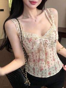 Joudiya 女士夏季休闲印花撞色蕾丝系带背心 - 米色 - 查看 3
