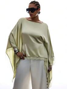 SHEIN EZwear 大尺碼女款純色蝙蝠袖蕾絲下擺優雅上衣，適合新媽媽 - 綠色 - 查看 4