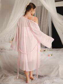 DelicateAllure Sexy Sheer Mesh Robe, Lace Patchwork Satin Mesh Nightgown, Solid Color 2-Piece Sleepwear Set For Plus Size Women - Baby Pink - View 2