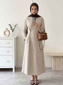 Mulvari Đầm midi quấn kẻ sọc phong cách thường ngày dành cho nữ, thích hợp đi làm. - Màu Khaki - Xem 5
