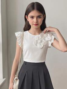 SHEIN 少女纯色荷叶边立体花卉休闲衬衫，可爱花朵设计 - 白色 - 查看 4