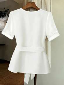 SHEIN Clasi Women Solid Color Round Neck Short Sleeve Waist-Tie Casual Blouse - White - View 2