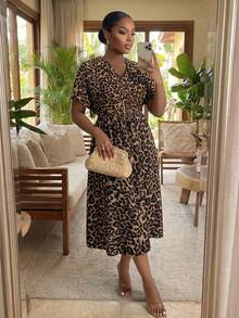 SHEIN Lady CURVE Đầm ngắn tay họa tiết da báo cỡ lớn dành cho nữ, kiểu dáng thường ngày, thích hợp cho kỳ nghỉ, màu cà phê. - Nhiều màu - Xem 5