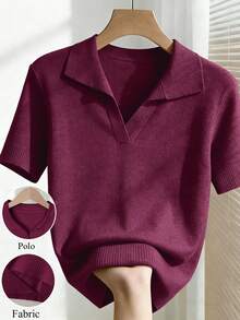 Franclia Women's Spring/Summer White Simple Casual Turndown Collar Raglan Short Sleeve Solid Color Fitted Knit Top, Plus Size - Red Violet - View 1