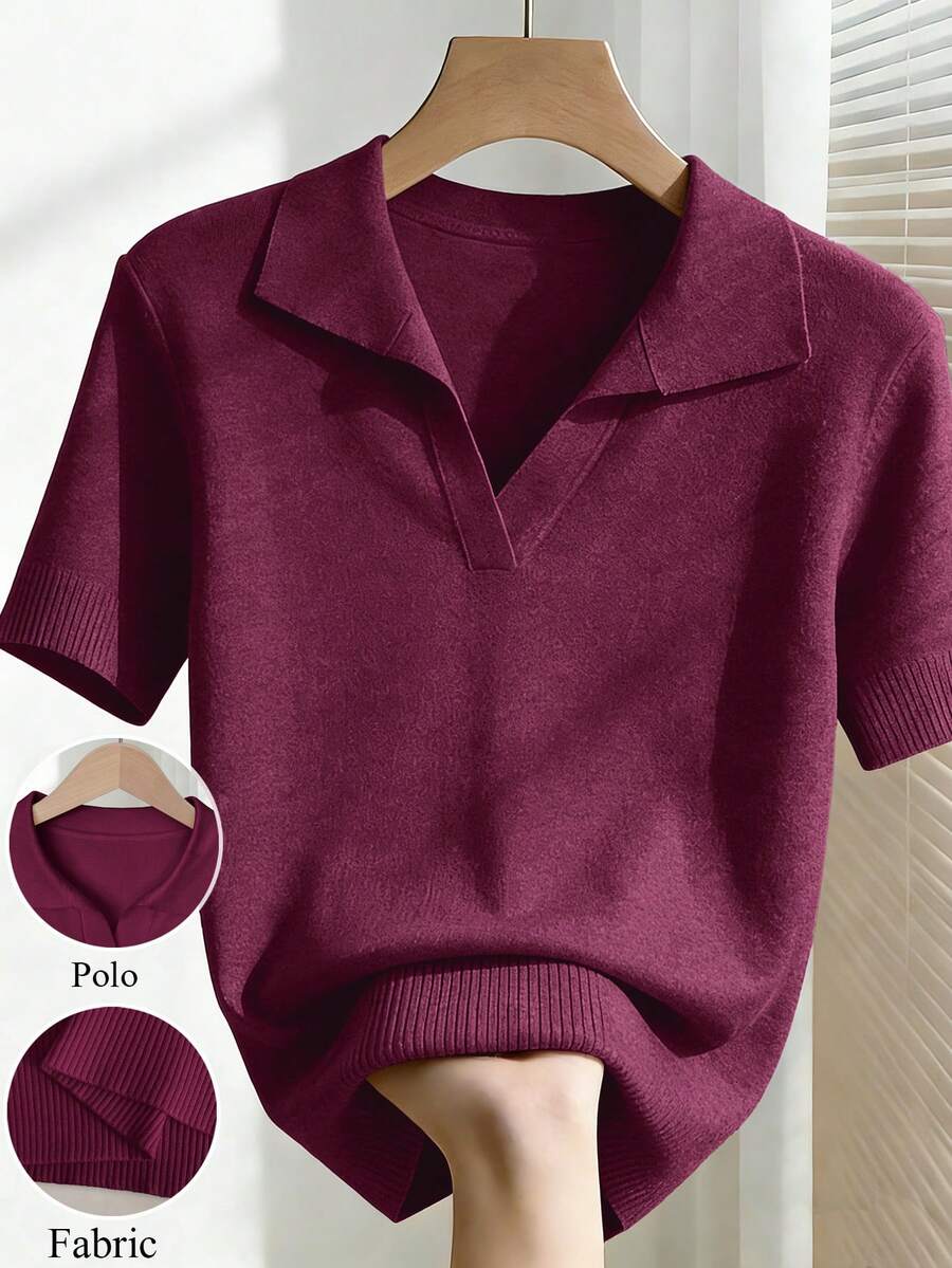 Franclia Women's Spring/Summer White Simple Casual Turndown Collar Raglan Short Sleeve Solid Color Fitted Knit Top, Plus Size - Red Violet - View 1