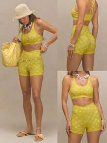 GLOWMODE 4.3" FeatherFit™ Crossover Cutie Biker Shorts Low Impact Cycling Running Gym Workout Summer - Yellow - View 7
