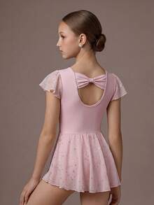 SHEIN Tween Girls' Sleeveless Ballet Jumpsuit, Soft Mesh Splice Bowknot Design, Shiny Star Mesh Splice, Comfortable Stretch, Dance, Yoga, Fall Winter, Gym - Pink - View 5