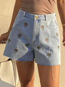 Livesso Quần short denim nữ kiểu dáng thường ngày, thêu hình cây cọ và có túi. - Màu xanh lam - Xem 4