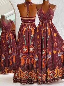 Lalippa Vestido casual de espalda descubierta con estampado floral y cuello halter para vacaciones - Burdeos - Ver 2