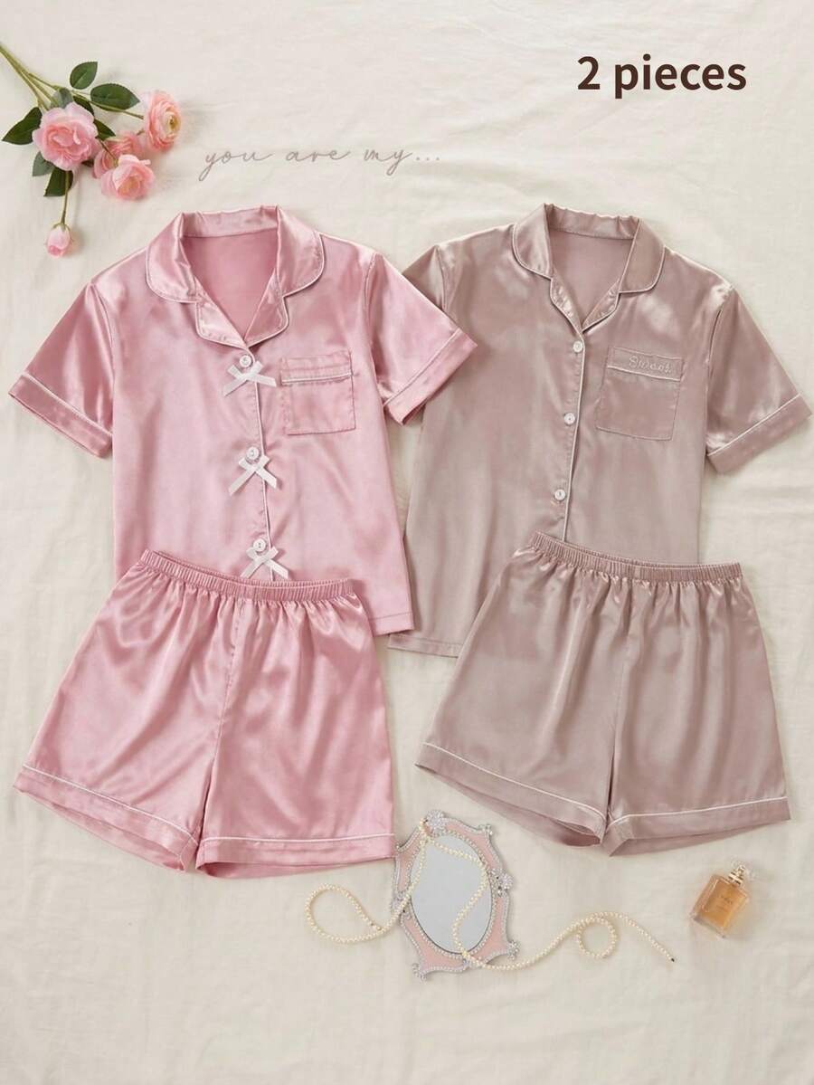SHEIN 女童睡衣,經典翻領純色口袋刺繡高級緞面短袖鈕扣上衣與短褲休閒舒適兩件套家居服 - 香檳色 - 查看 1