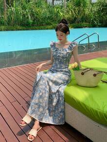DAZY Women's Floral Print Patchwork Ruffle Hem Elegant Dress Sun Dresses For Women Vacation Outfits Women - Blue - View 3