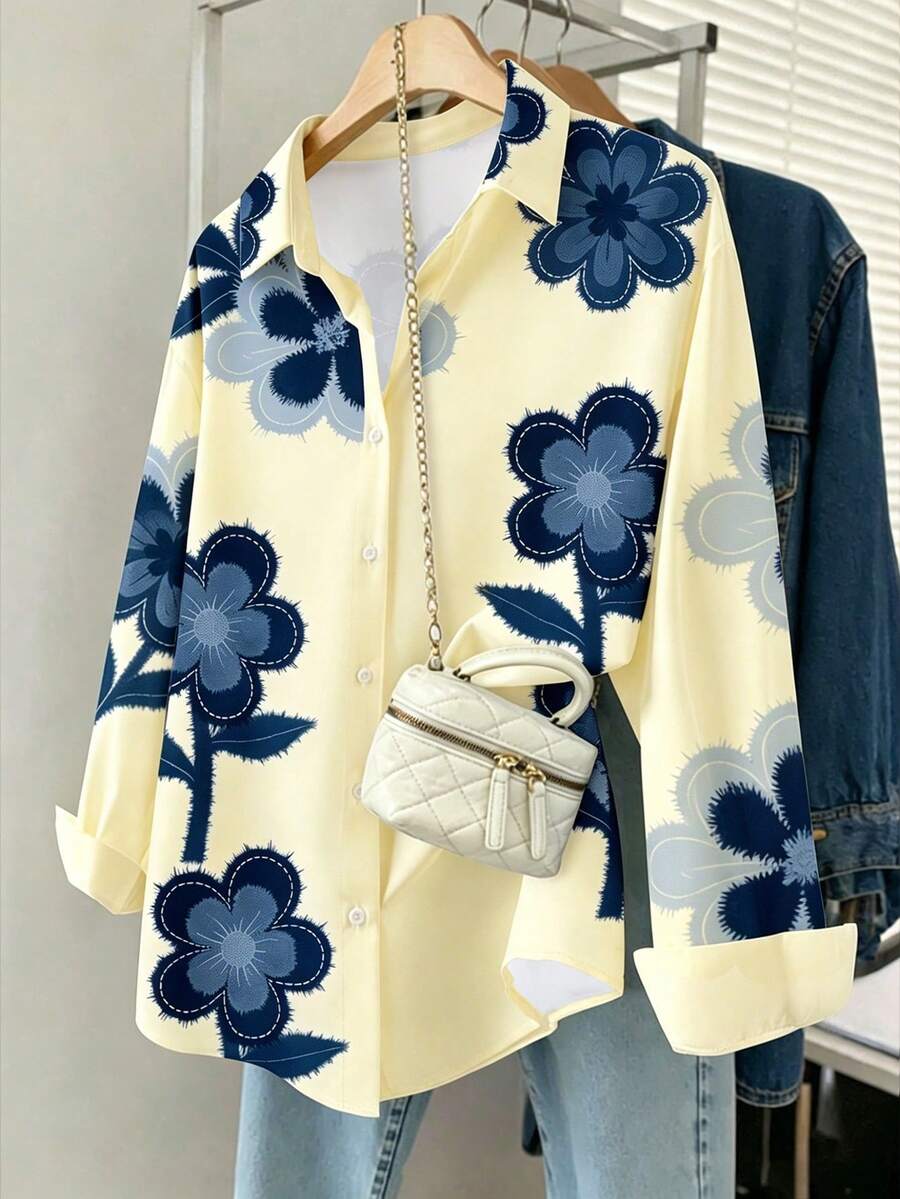 Resyla 女士休闲度假印花长袖宽松衬衫,春秋季 - 彩色 - 查看 1