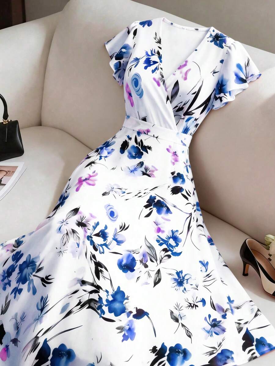 SHEIN Elenzya 大码女式V领印花优雅收腰派对休闲连衣裙 - 藍色 - 查看 1
