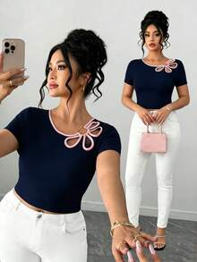 SHEIN Elenzya Áo thun ngắn tay cỡ lớn dành cho nữ, thiết kế hoa văn khoét rỗng. - Màu xanh hải quân - Xem 1