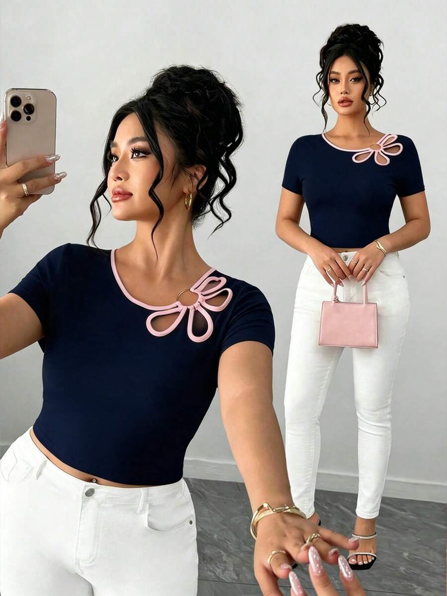 SHEIN Elenzya Áo thun ngắn tay cỡ lớn dành cho nữ, thiết kế hoa văn khoét rỗng. - Màu xanh hải quân - Xem 1